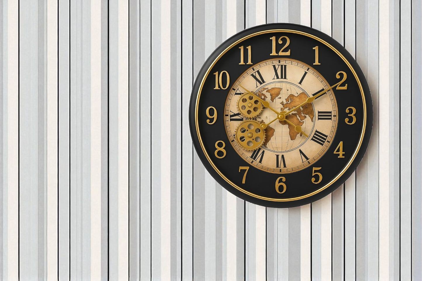 Luxury Steampunk Wall Clock with Vintage World Map & Exposed Golden Gears – 16" Antique Metal Clock for Home & Office