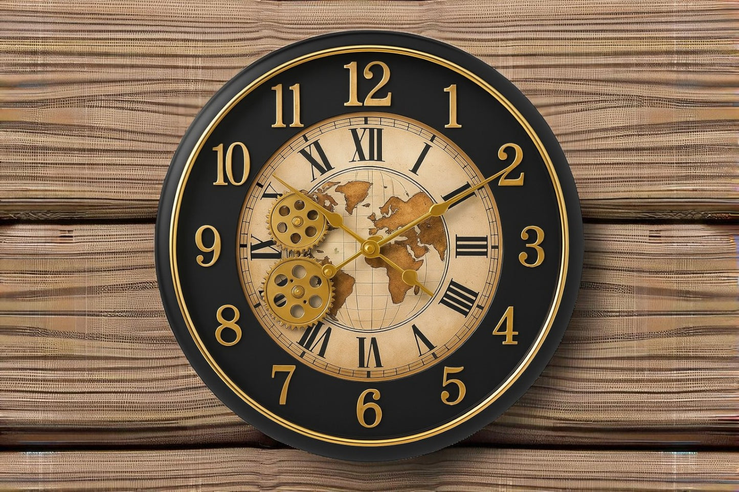 Luxury Steampunk Wall Clock with Vintage World Map & Exposed Golden Gears – 16" Antique Metal Clock for Home & Office
