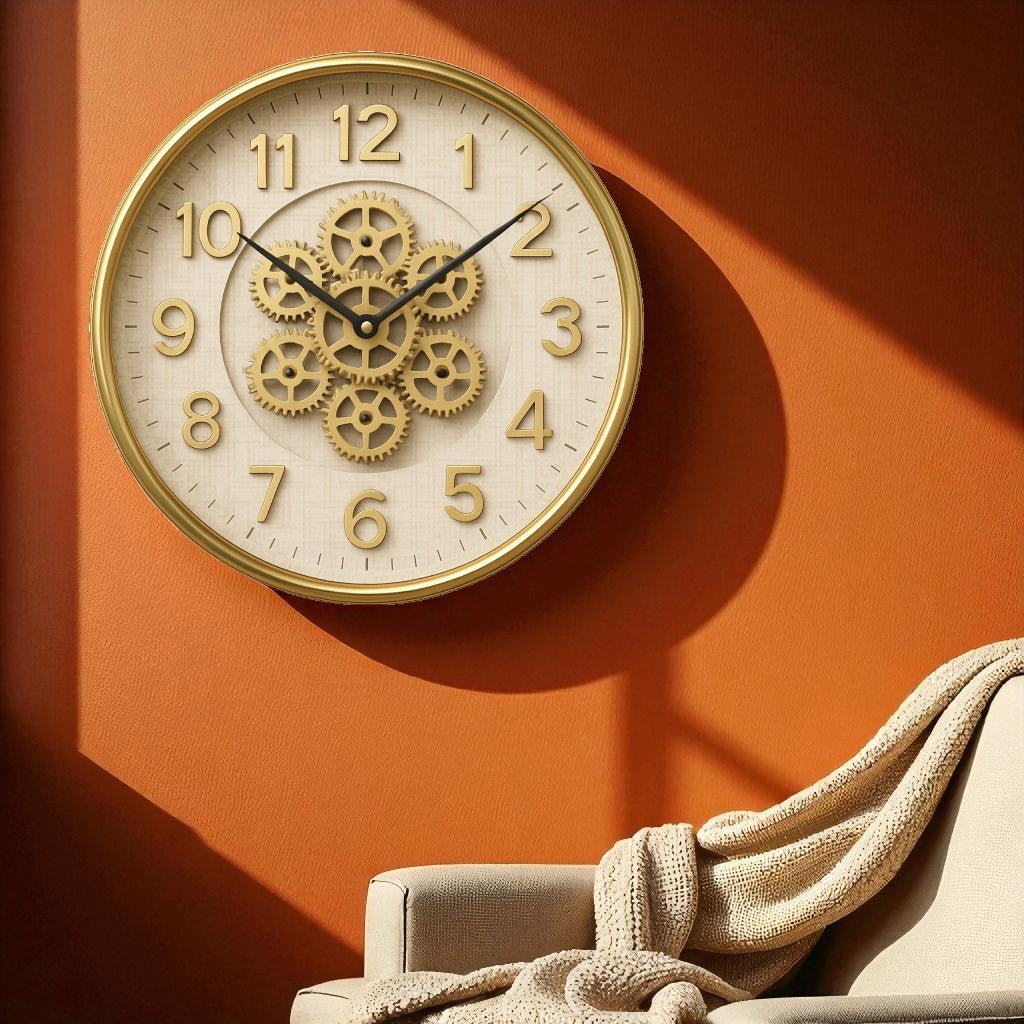 Decorative wall clock with gear design on an orange wall