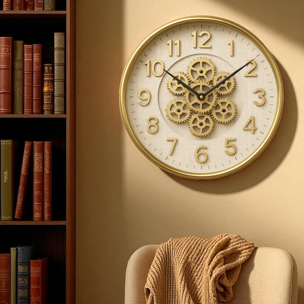 Decorative wall clock with gear design on a beige wall next to a bookshelf and chair.
