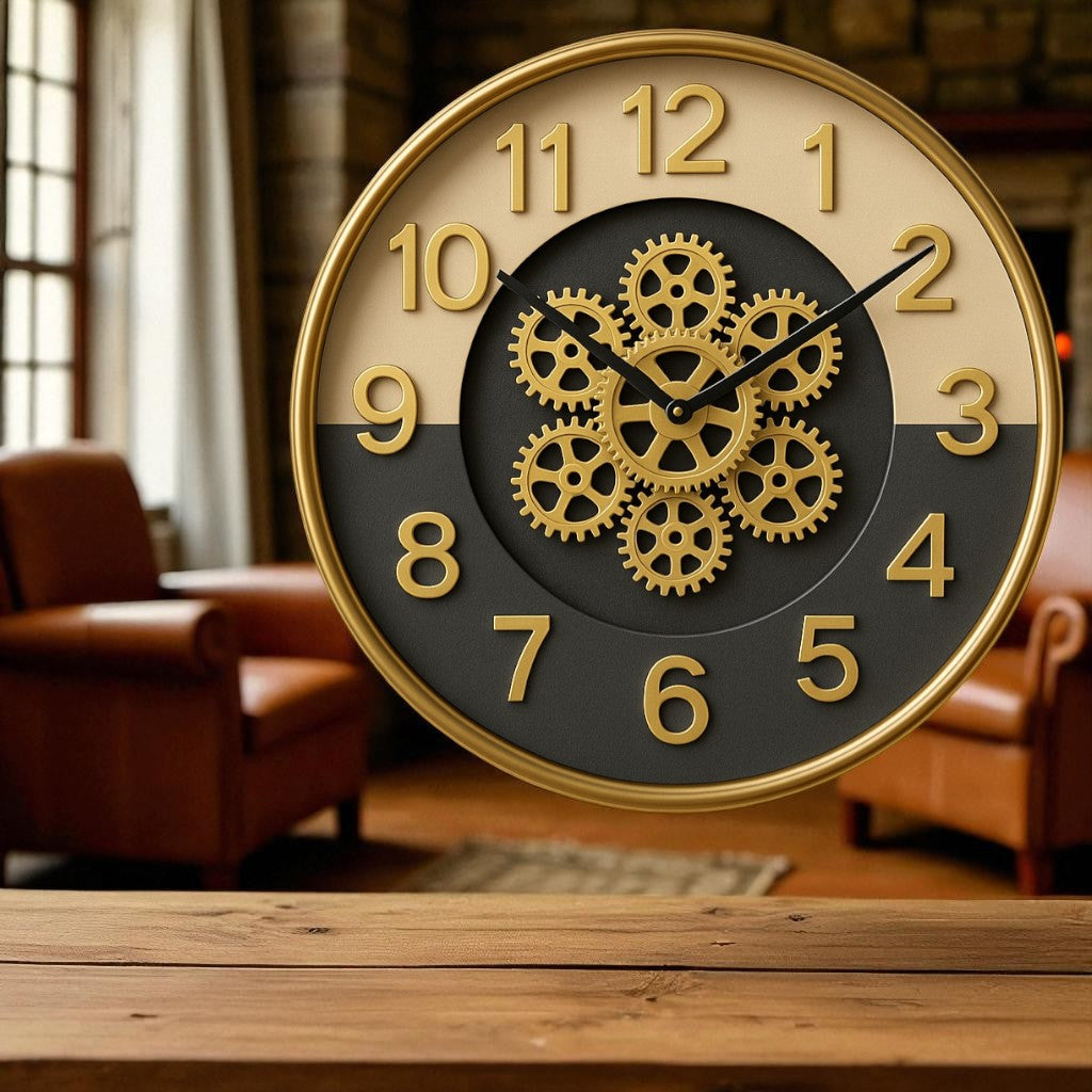 Decorative clock with gear design on a wooden surface in a room with furniture.