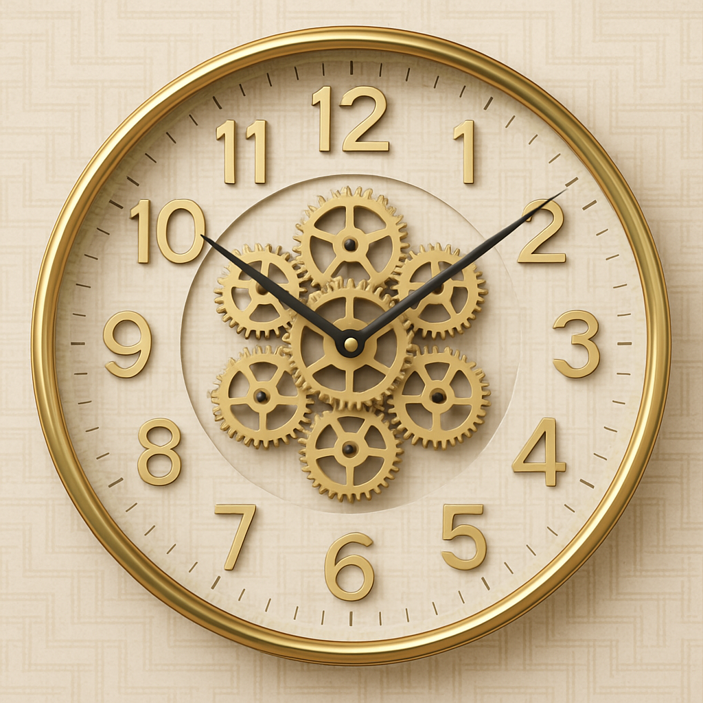 Decorative wall clock with gear design on a beige background