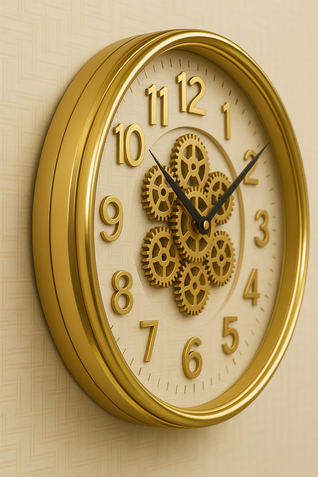 Wall clock with gear design on a beige background