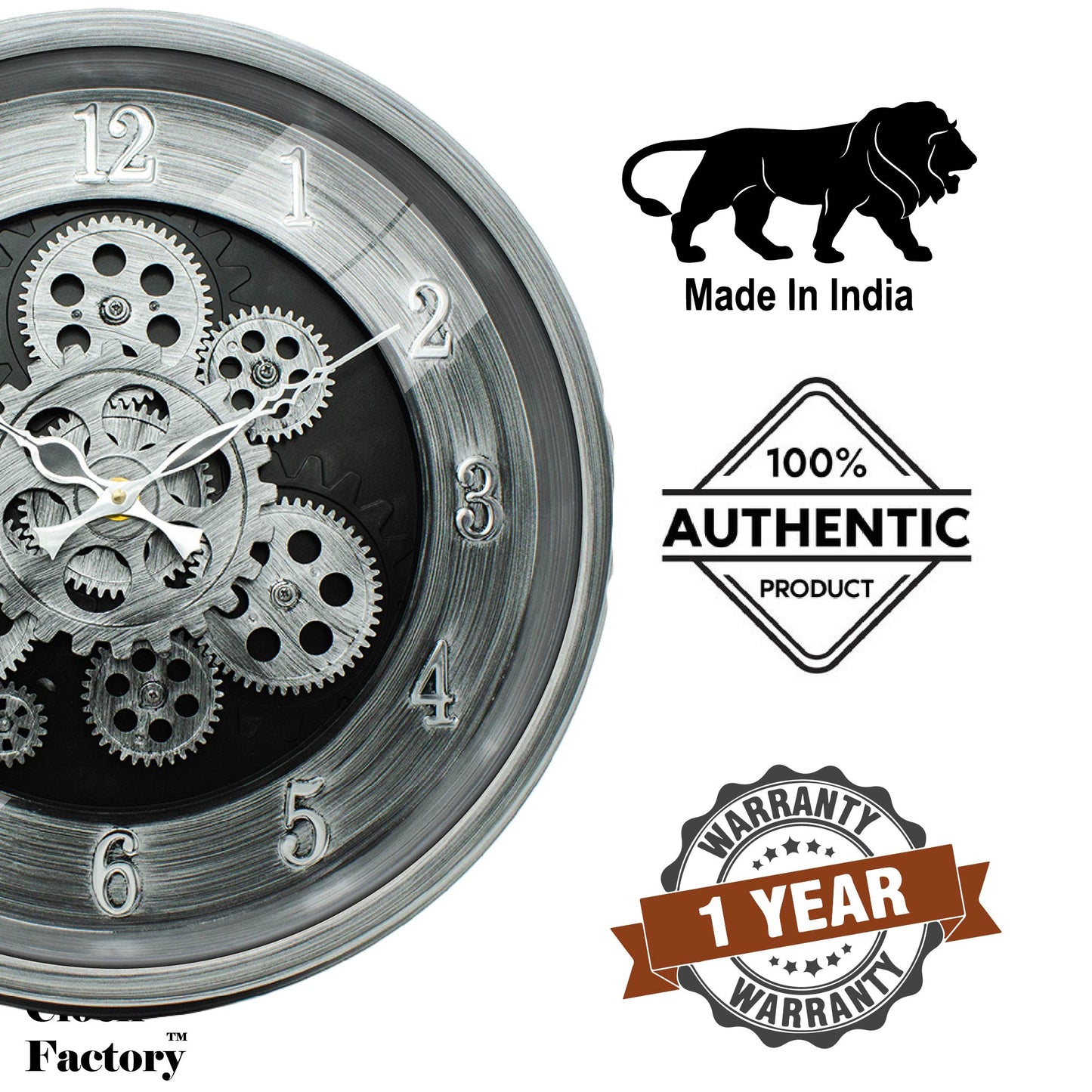 Moving Gear Clock 16 inch - By The Clock Factory (Silver Antique)
