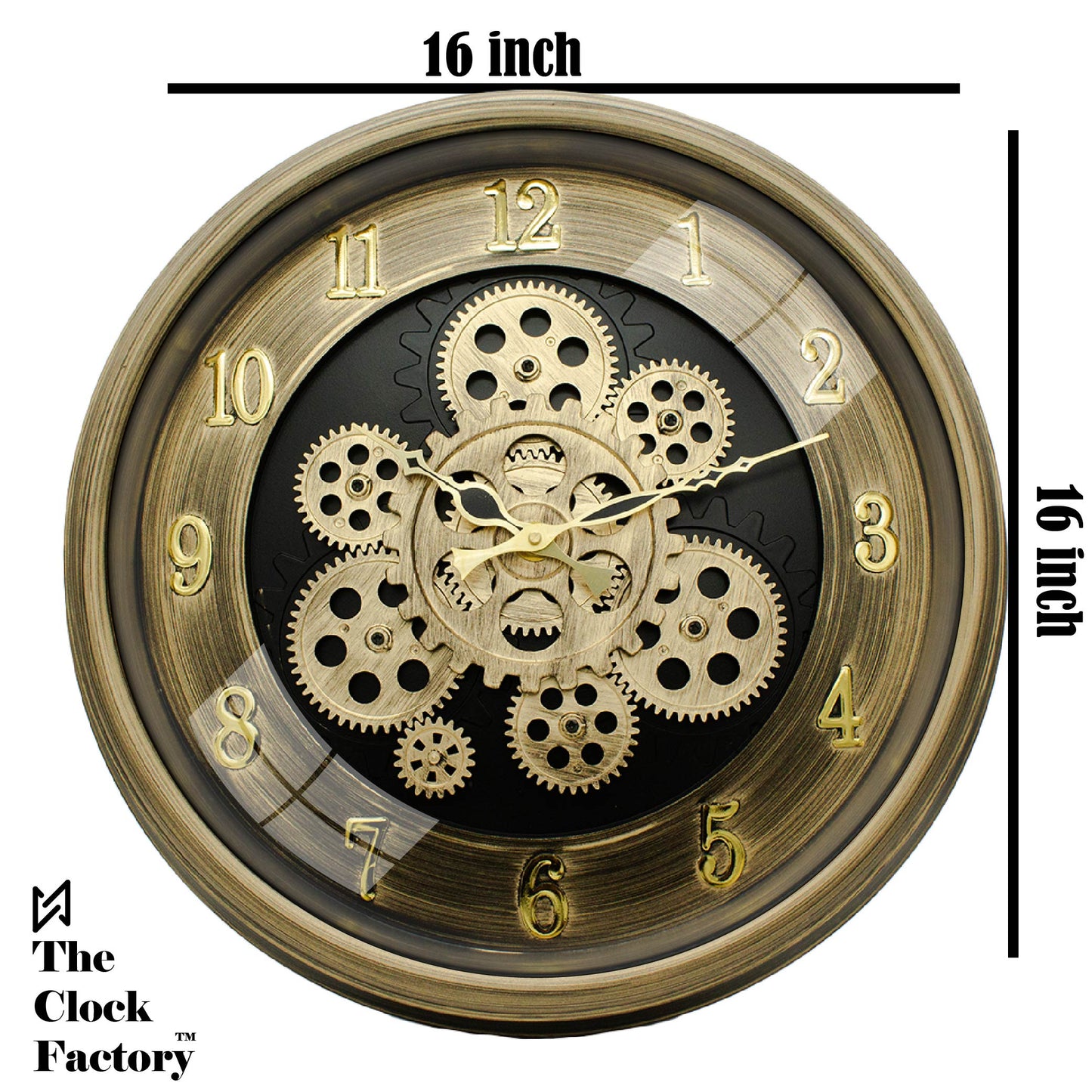 Moving Gear Clock 16 inch - By The Clock Factory (Golden Antique)