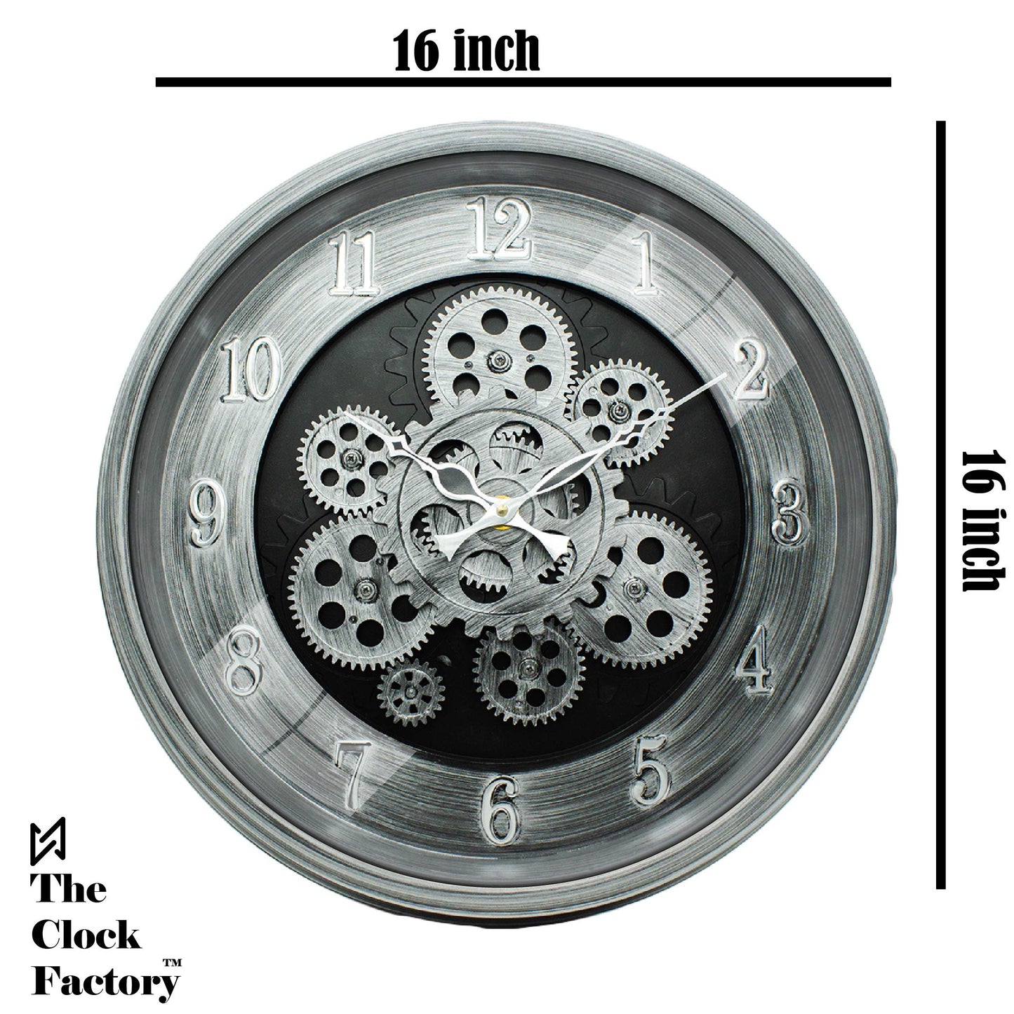 Moving Gear Clock 16 inch - By The Clock Factory (Silver Antique)