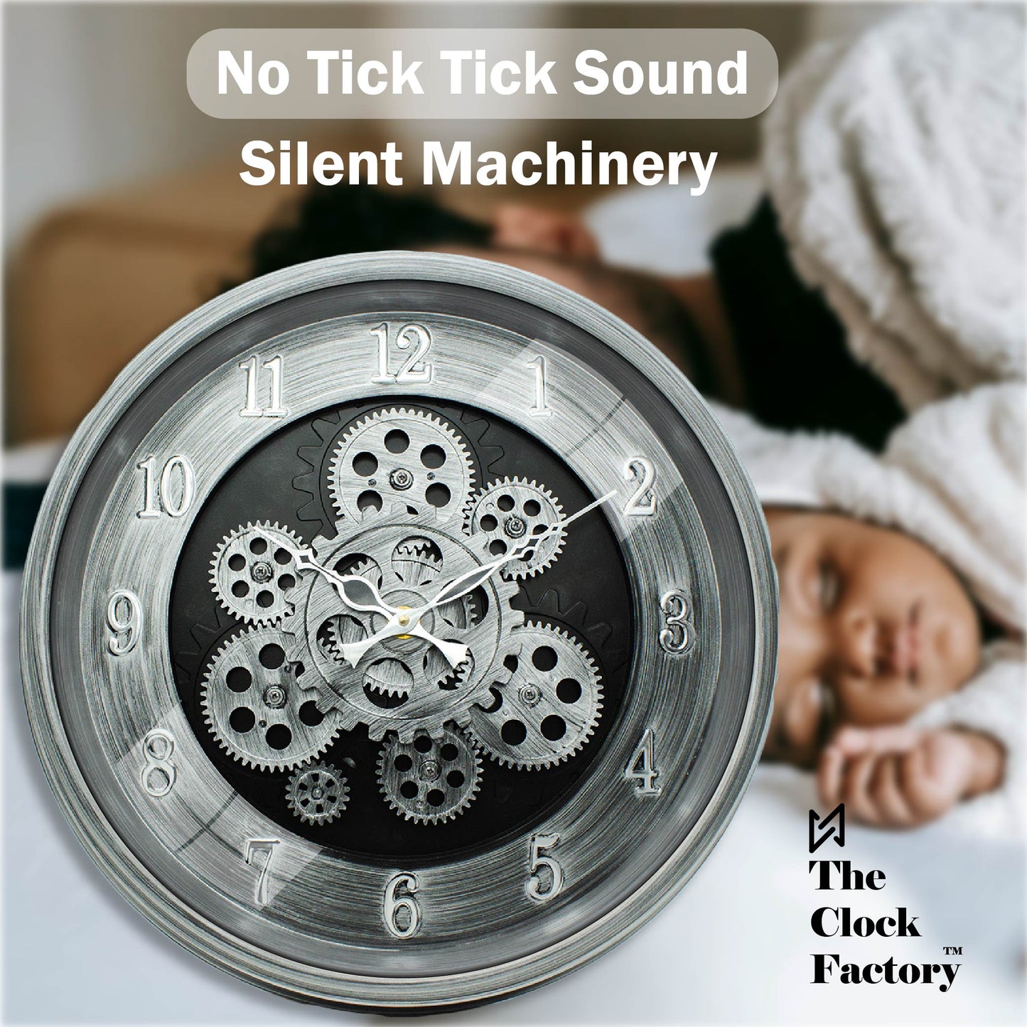 Moving Gear Clock 16 inch - By The Clock Factory (Silver Antique)