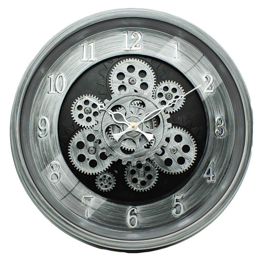 Moving Gear Clock 16 inch - By The Clock Factory (Silver Antique)