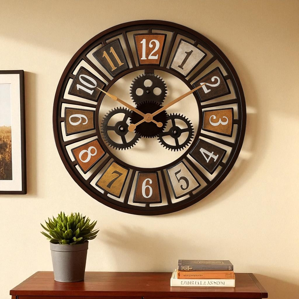 Decorative wall clock with gear design on a beige wall, below a framed picture and books on a wooden shelf.