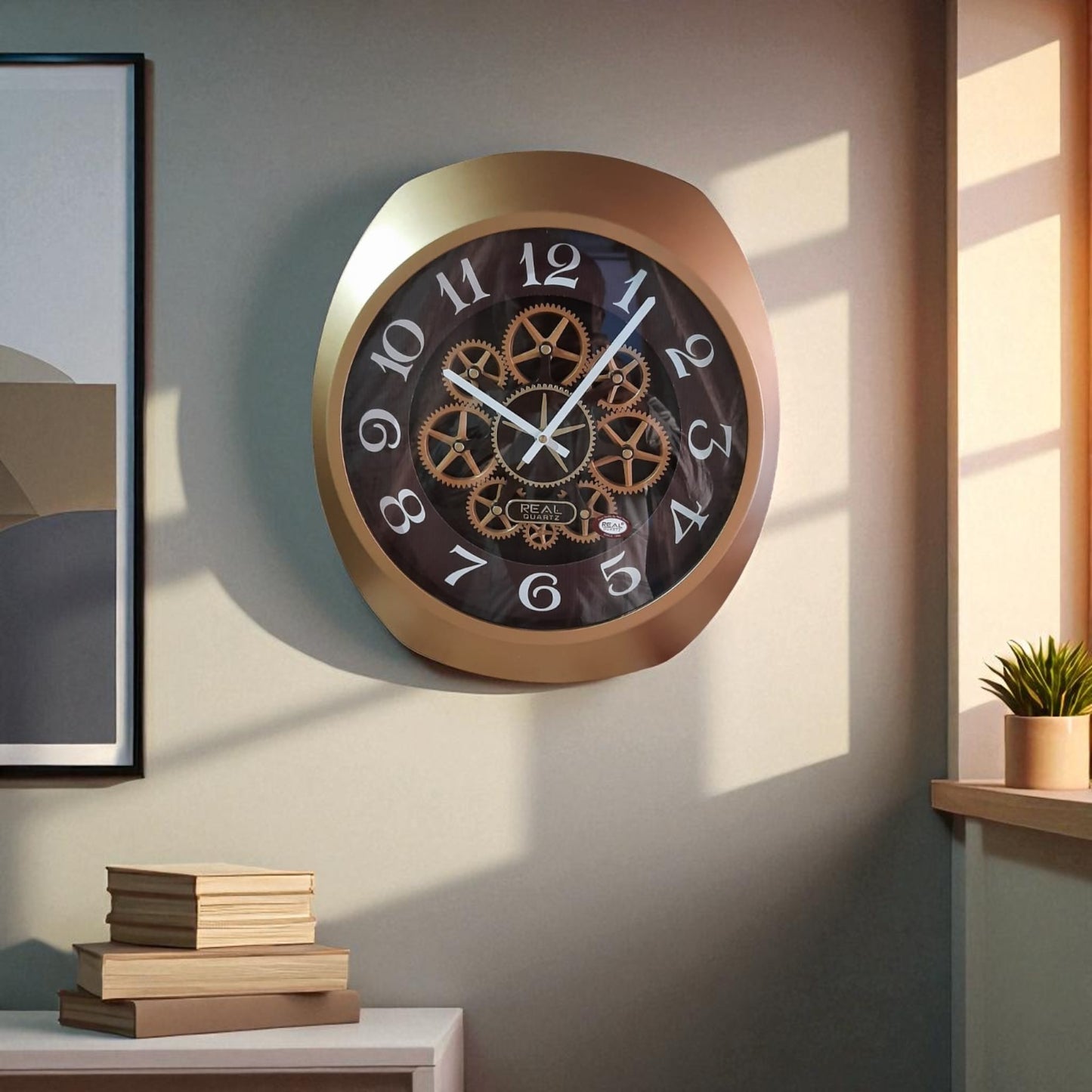 Decorative wall clock with gold frame and black face in a room setting.