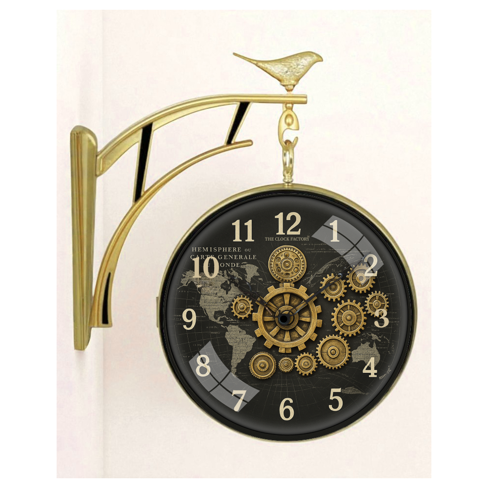 12″ Double-Sided Gear Wall Clock – Black World Map Dial with Golden Cogs