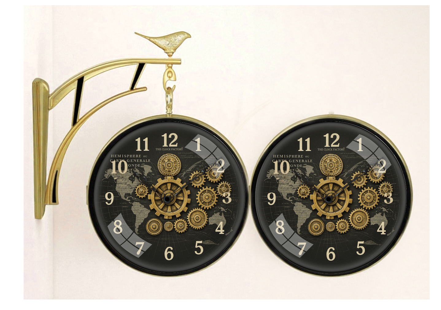 12″ Double-Sided Gear Wall Clock – Black World Map Dial with Golden Cogs