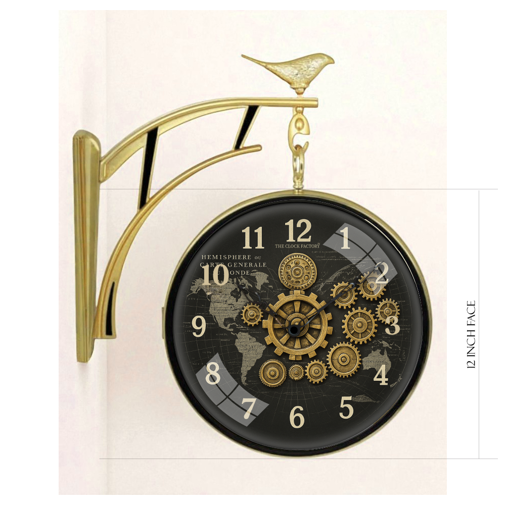 12″ Double-Sided Gear Wall Clock – Black World Map Dial with Golden Cogs