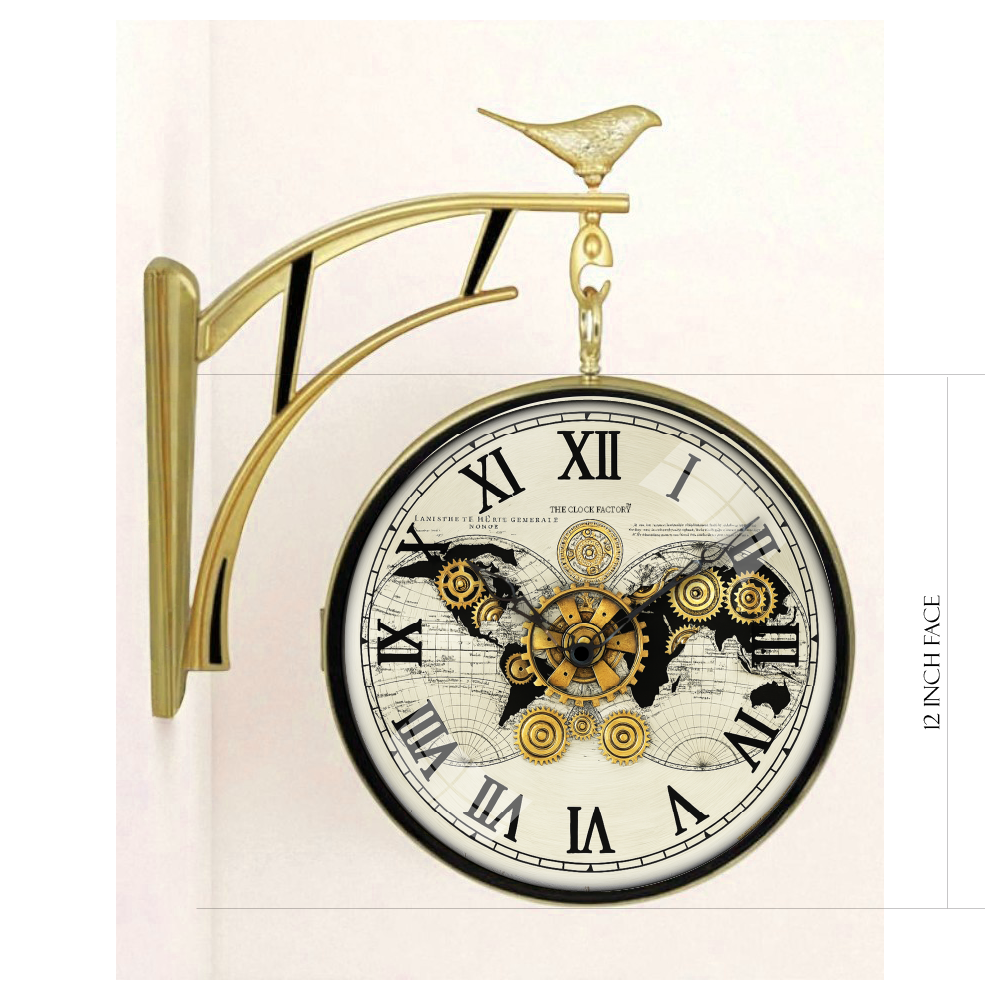 12″ Double-Sided Wall Clock with Dummy Gears – Plastic Frame, Roman Dial