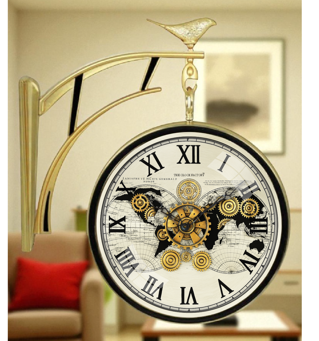 12″ Double-Sided Wall Clock with Dummy Gears – Plastic Frame, Roman Dial