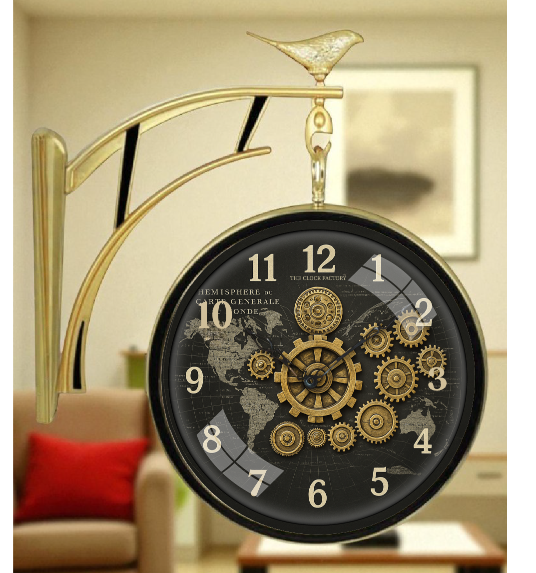 12″ Double-Sided Gear Wall Clock – Black World Map Dial with Golden Cogs