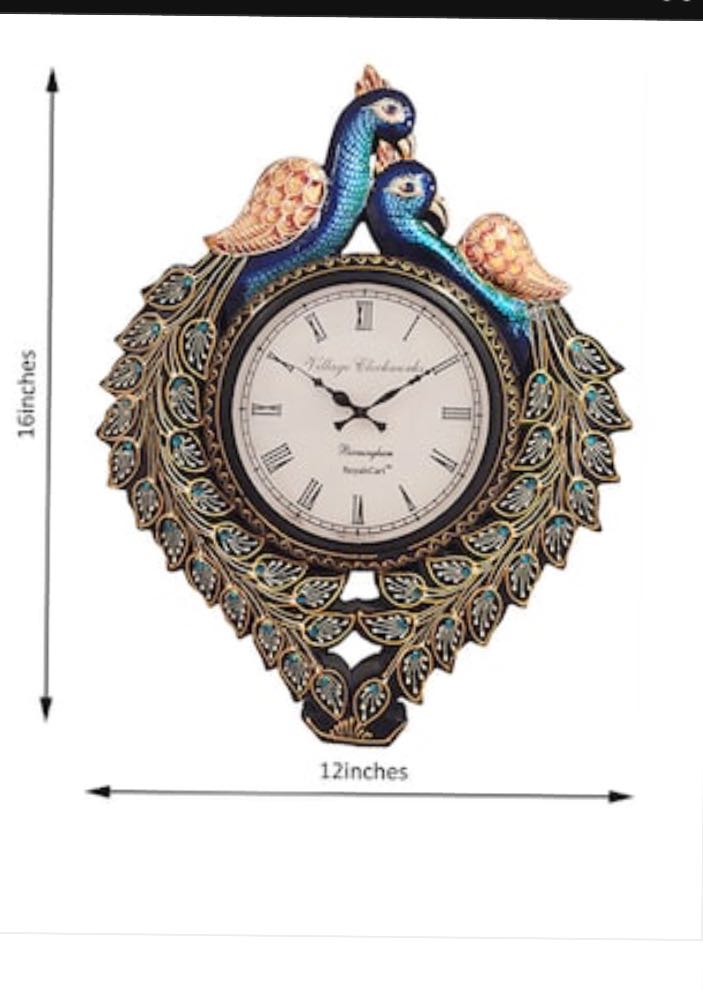 Twin Peacock Jaipuri art handcrafted Wall Clock, 12 x 16 inch