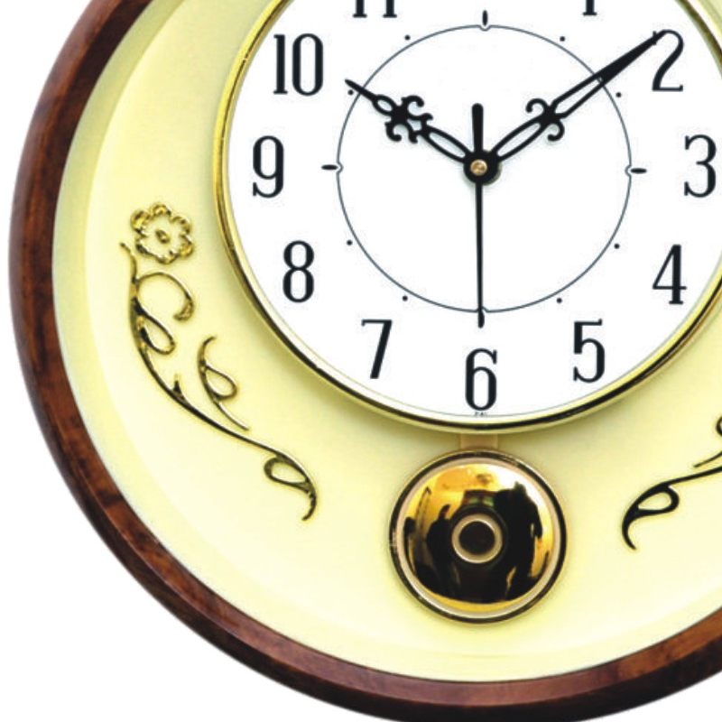 Round Plastic Clock with Golden Pendulum and wooden colored border - 12 inch Diameter