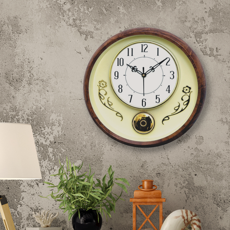 Round Plastic Clock with Golden Pendulum and wooden colored border - 12 inch Diameter