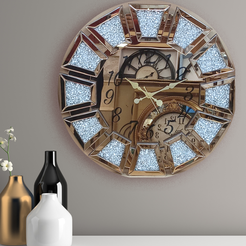 Champagne Coloured Mirror Wall clock with Artificial Diamonds - 24 inch Diameter