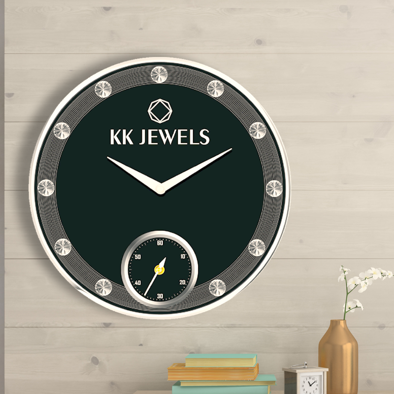KK jewels - 12 inch - Diamond studded promotional wall clock with chrome ring