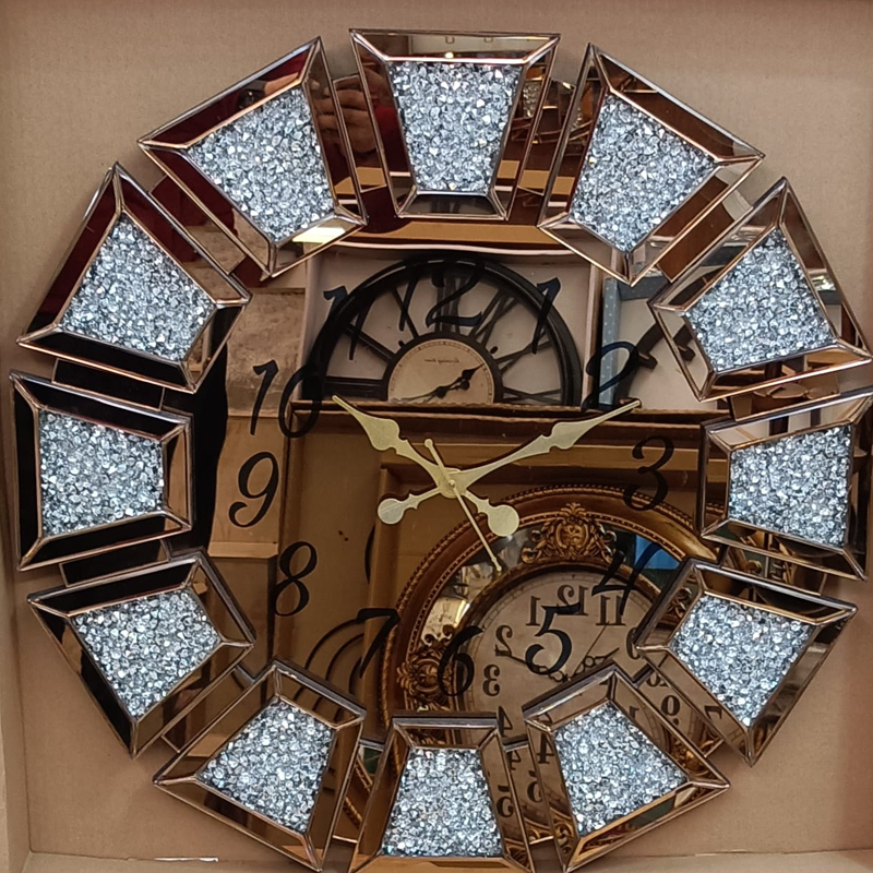 Champagne Coloured Mirror Wall clock with Artificial Diamonds - 24 inch Diameter