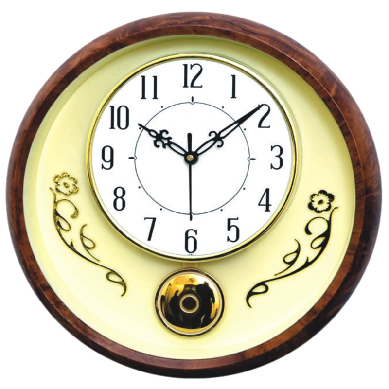 Round Plastic Clock with Golden Pendulum and wooden colored border - 12 inch Diameter