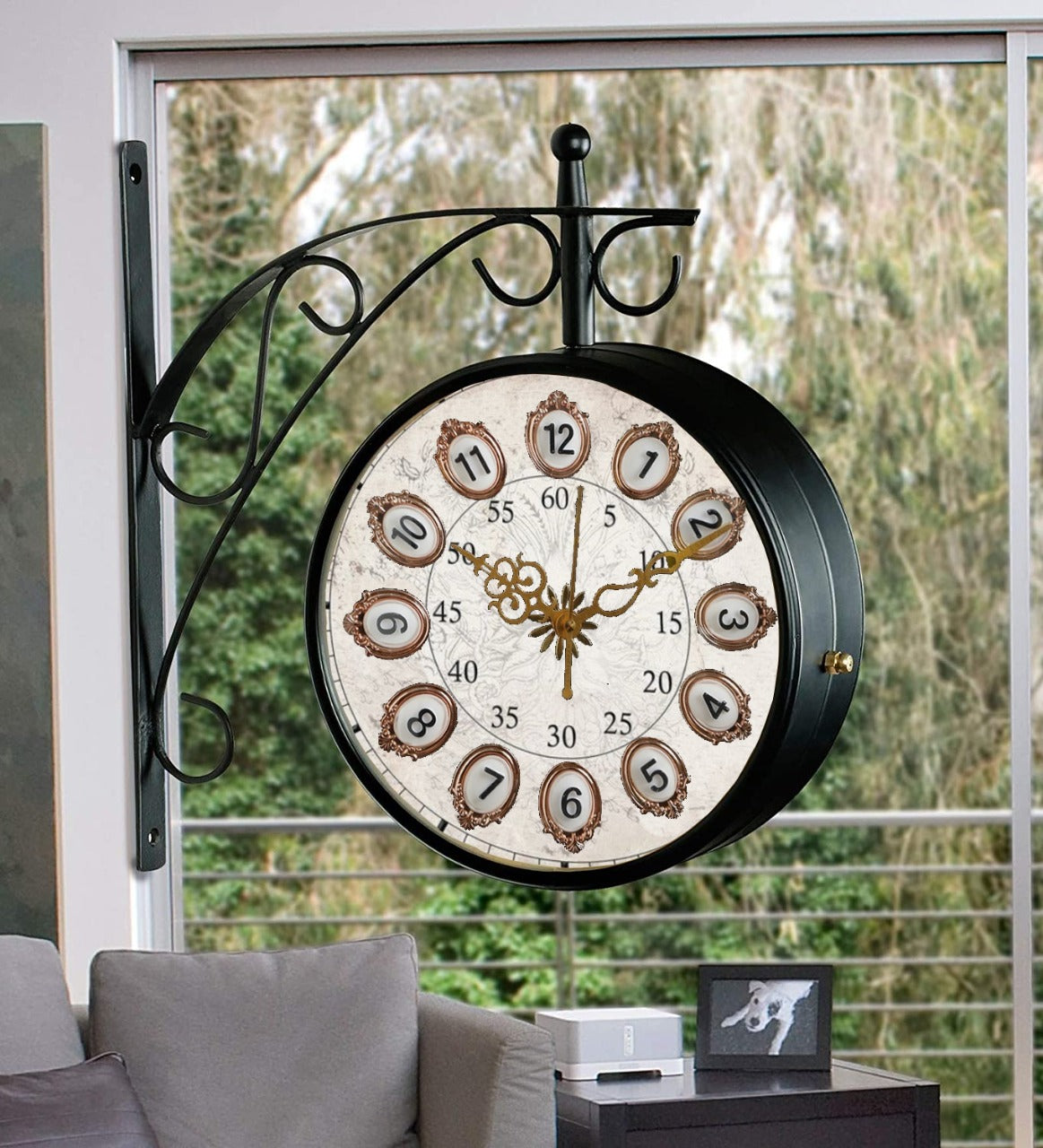 Vintage printed Double Sided Station Clock with Golden Numbers