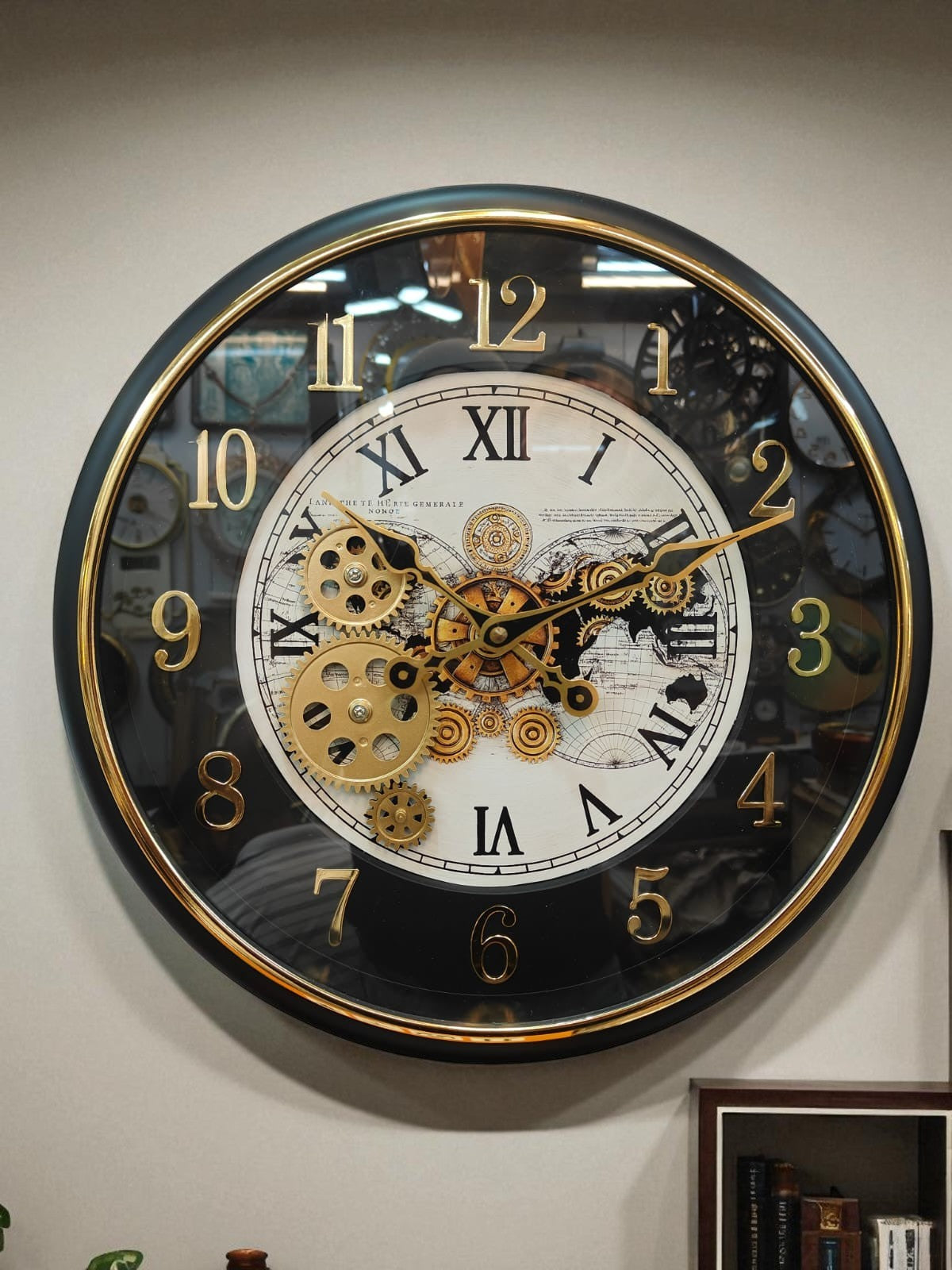 Vintage Steampunk Wall Clock with World Map Dial & Golden Gears – 16 Inch Decorative Metal Clock