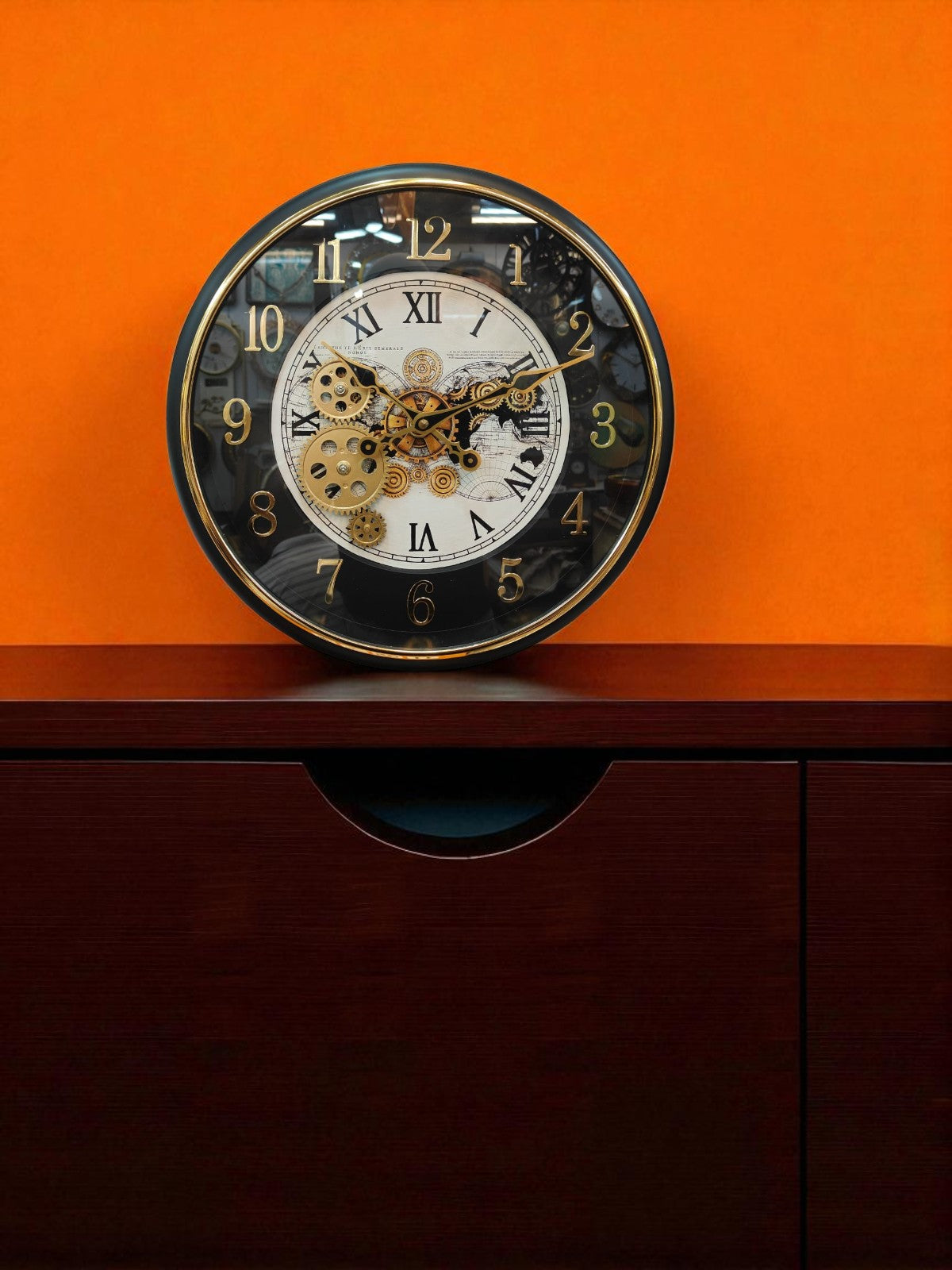 Vintage Steampunk Wall Clock with World Map Dial & Golden Gears – 16 Inch Decorative Metal Clock
