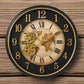 Luxury Steampunk Wall Clock with Vintage World Map & Exposed Golden Gears – 16" Antique Metal Clock for Home & Office