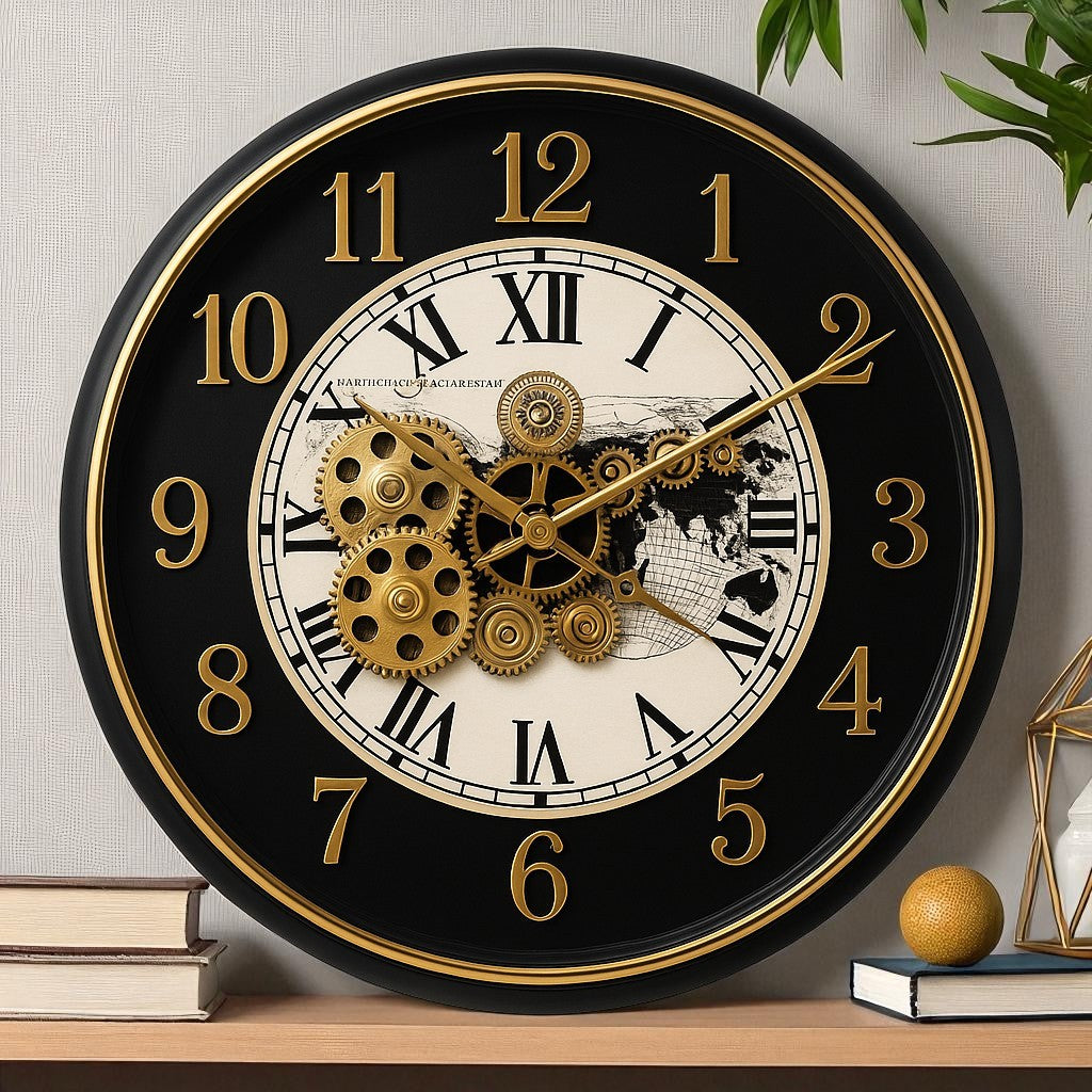 Vintage Steampunk Wall Clock with World Map Dial & Golden Gears – 16 Inch Decorative Metal Clock