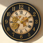 Luxury Steampunk Wall Clock with Vintage World Map & Exposed Golden Gears – 16" Antique Metal Clock for Home & Office
