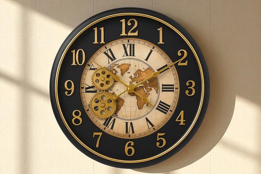 Luxury Steampunk Wall Clock with Vintage World Map & Exposed Golden Gears – 16" Antique Metal Clock for Home & Office