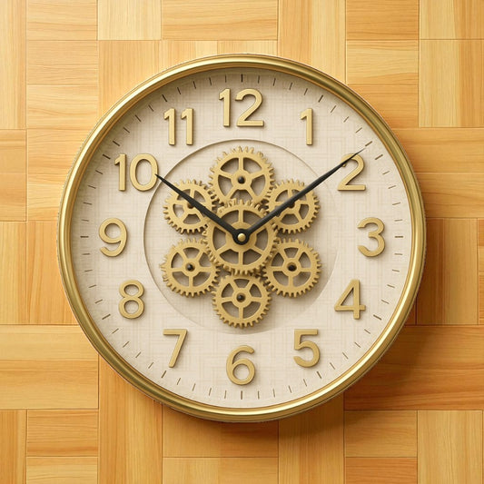 Decorative wall clock with gear design on a wooden background