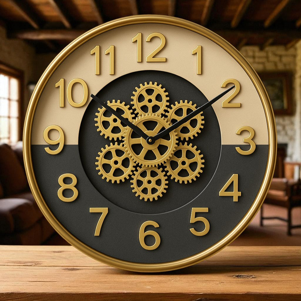 Decorative clock with gear design on a wooden surface