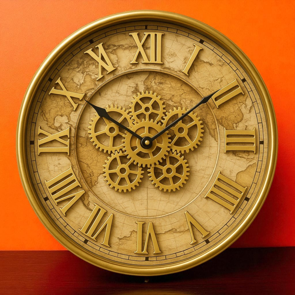 Decorative clock with gears and Roman numerals on an orange background