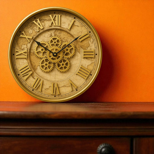 Decorative clock with gear design on an orange wall