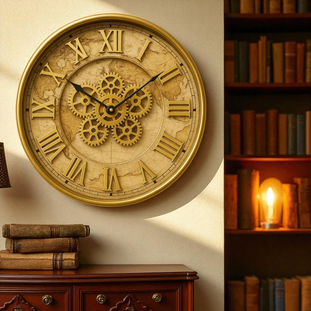 Decorative wall clock with gear design and Roman numerals in a room with books and a lamp.