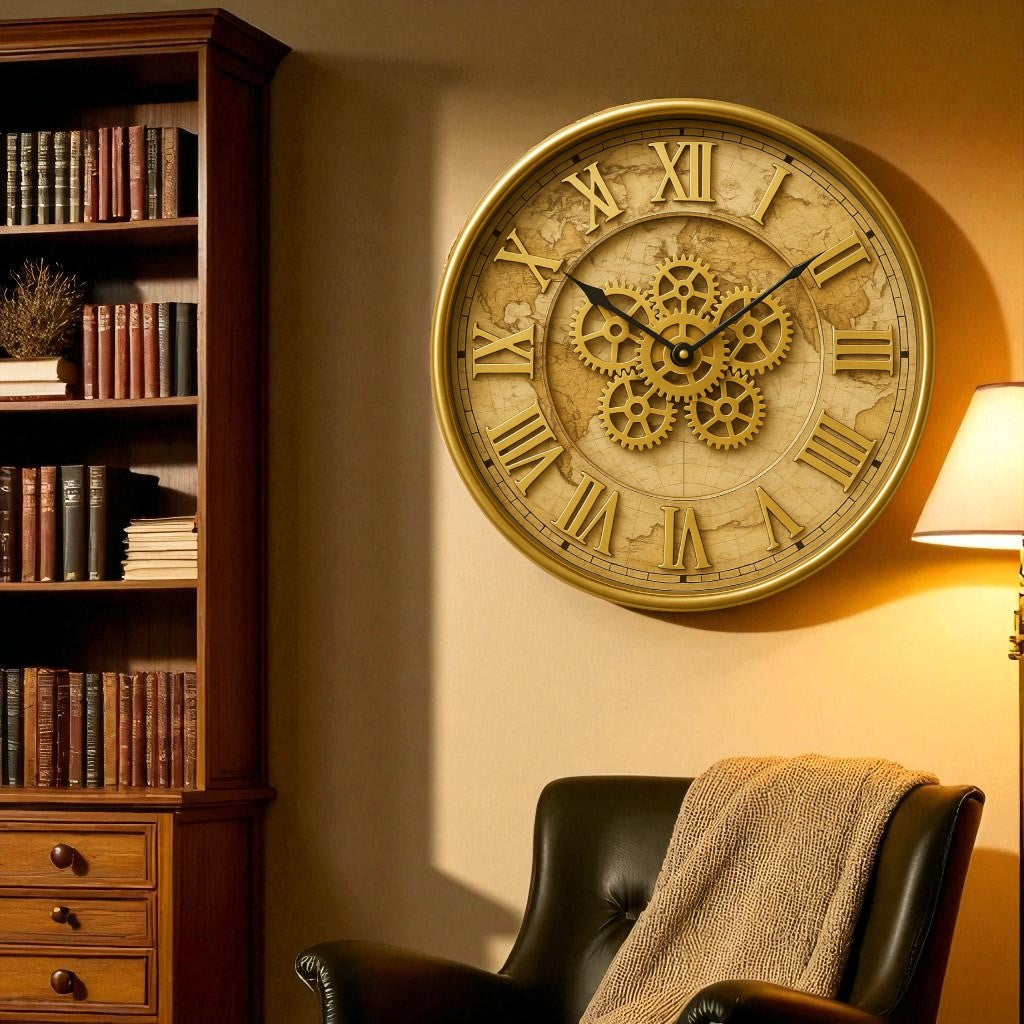 Decorative wall clock with gear design on a wall next to a bookshelf and chair.