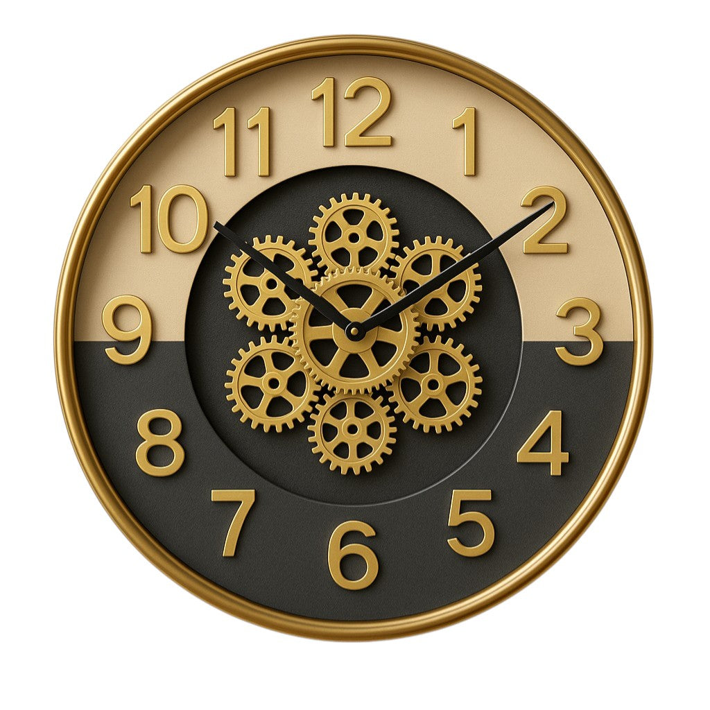 16-Inch Golden Gear Wall Clock with Glossy Frame – Vintage Steampunk Design, Plastic Build