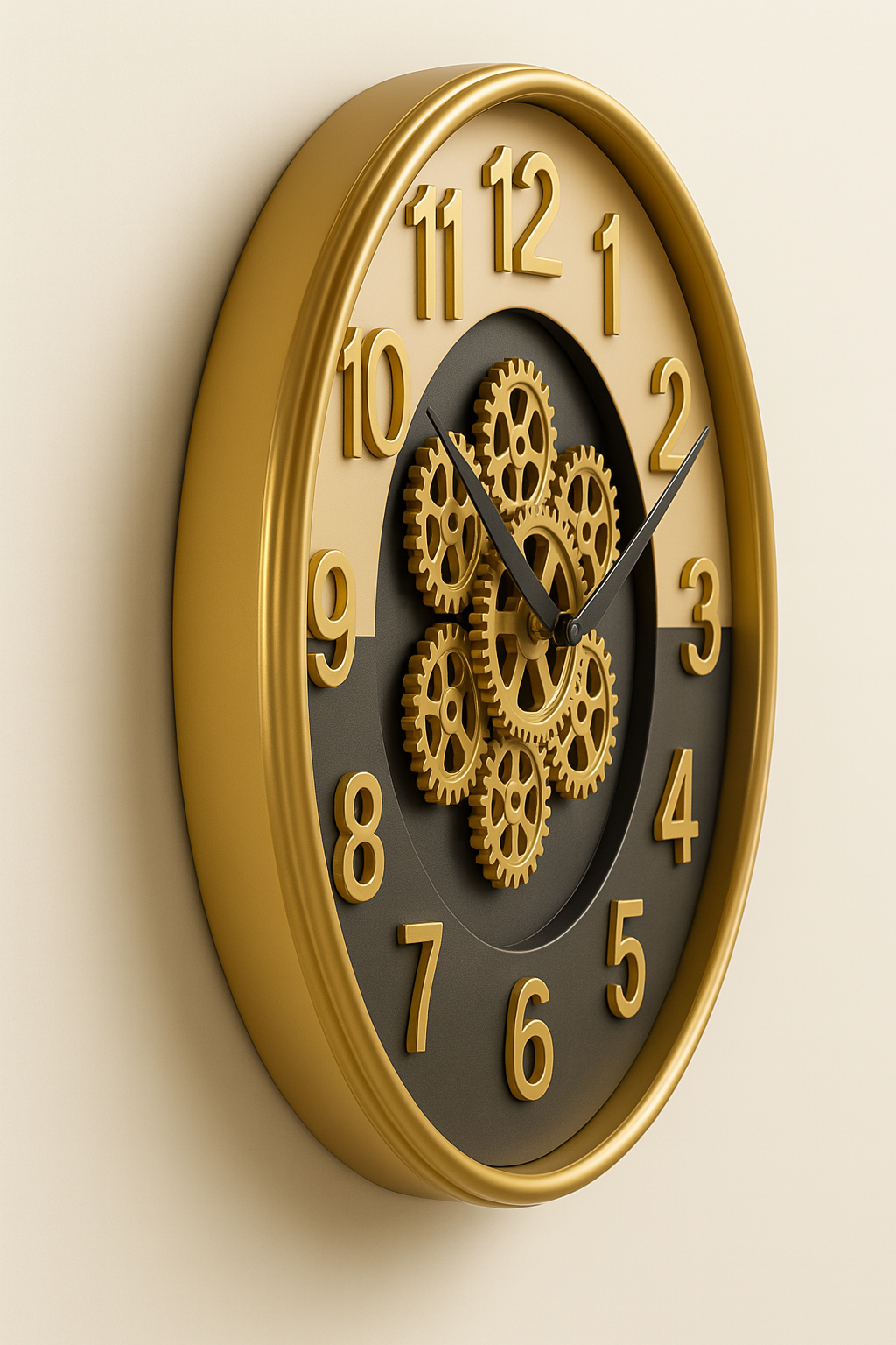 Decorative wall clock with gold gears on a beige background