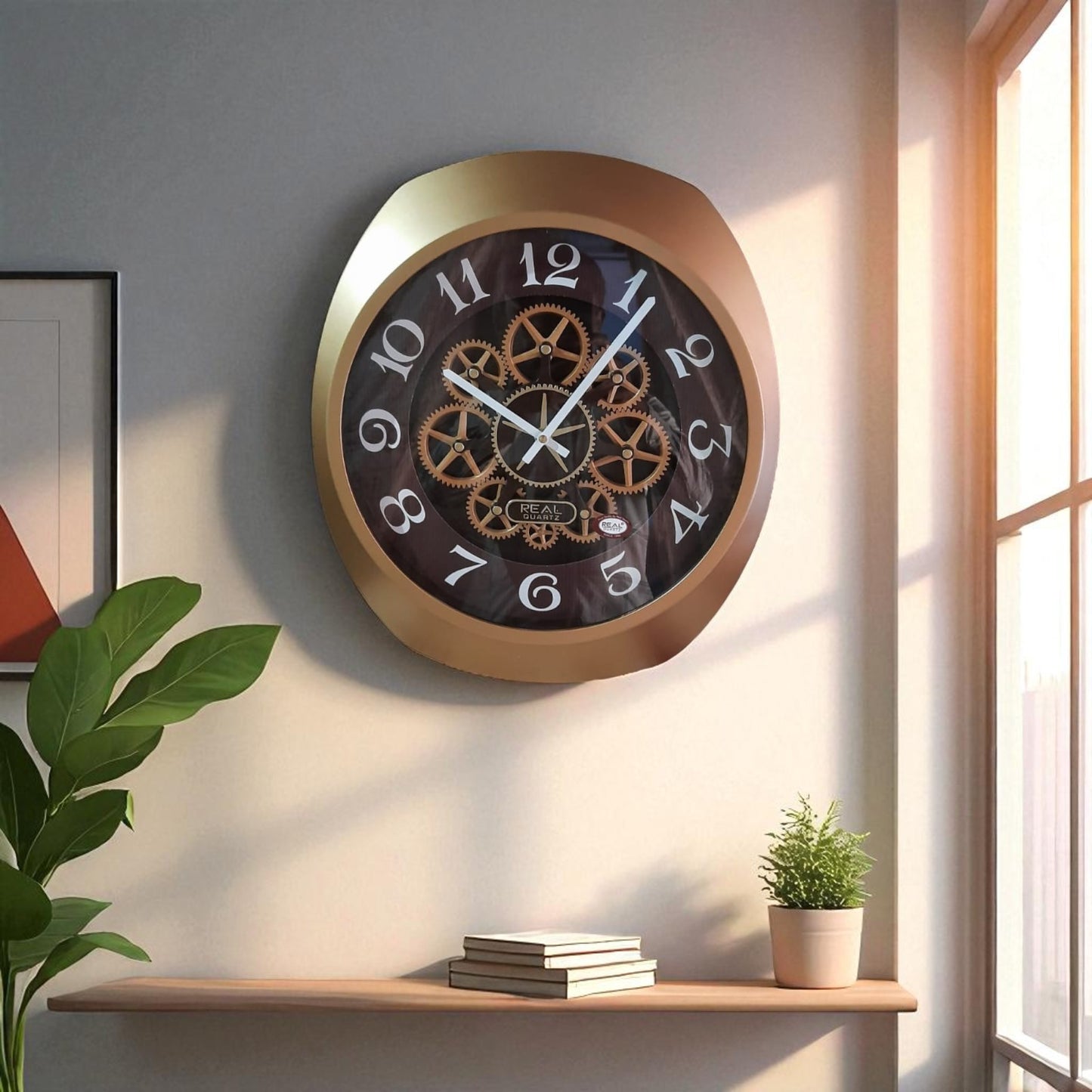 Luxury Gear Wall Clock with Gold Frame – Silent Quartz, 16 Inch Decorative Timepiece