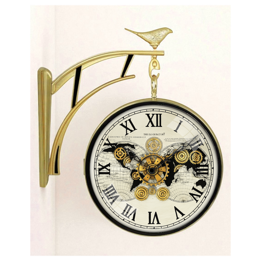 12″ Double-Sided Wall Clock with Dummy Gears – Plastic Frame, Roman Dial