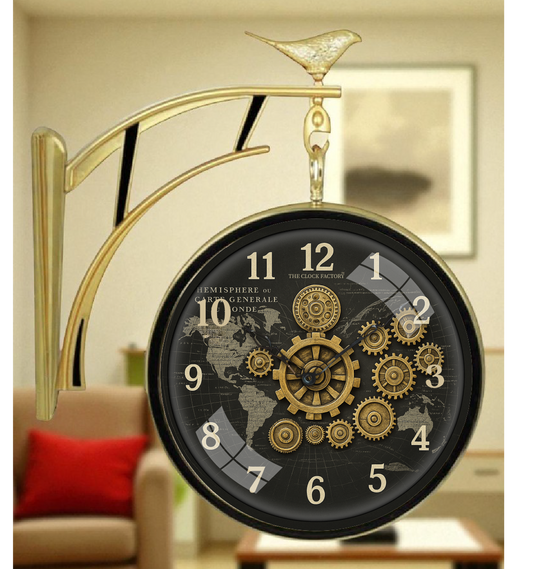 12″ Double-Sided Gear Wall Clock – Black World Map Dial with Golden Cogs