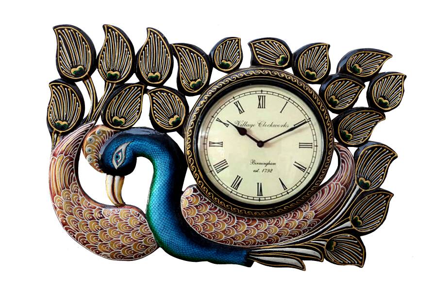 Dancing Peacock Wall Clock, 12 x 18 inch