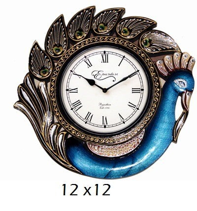 Single Mini Peacock Jaipur Art Handcrafted Wall Clock, 12 x 12 inch