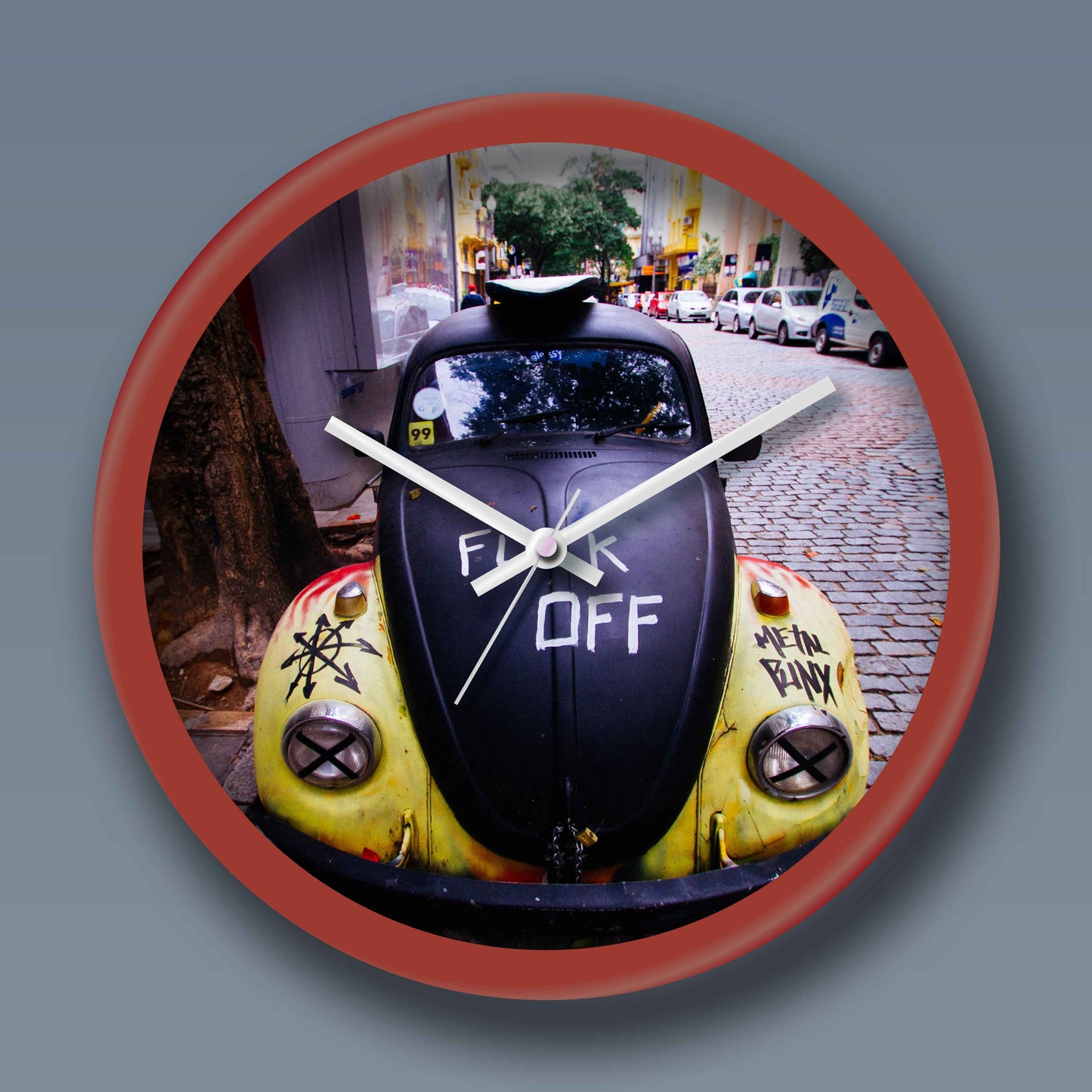 Plastic Wall Clock with Iconic Beetle Car printed on it.