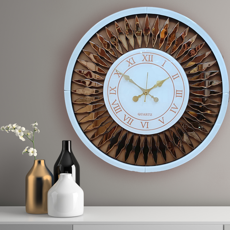 Mirror Wall Clock - 24 inch diameter - White and Golden Mirror