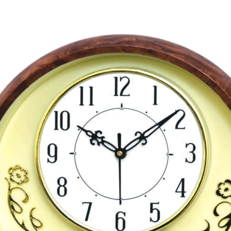 Round Plastic Clock with Golden Pendulum and wooden colored border - 12 inch Diameter